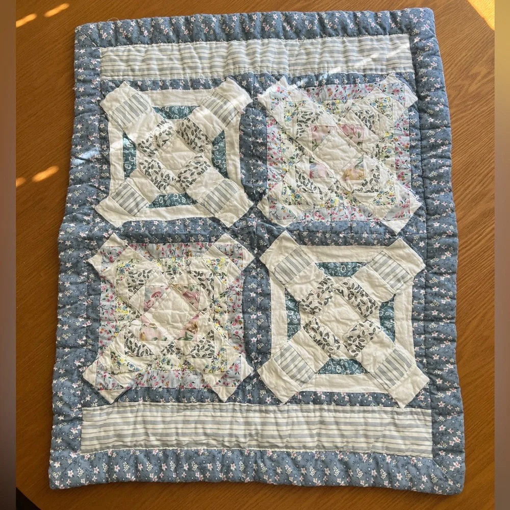 Pair floral quilted standard pillowcase shams cottagecore shabby chic blue white
